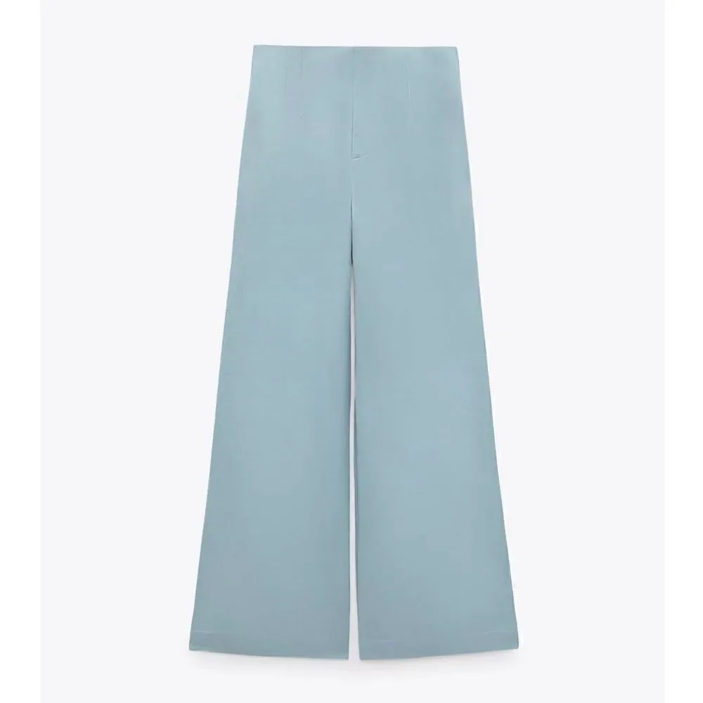 FULL LENGTH LINEN BLEND PANTS MID-BLUE NEW